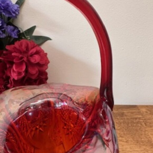 Indiana Glass Ruby Red Carnival Glass Basket Vintage Diamond Point Sunburst Hand - Picture 4 of 6